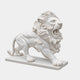 Crouching Lion With a Spiked Mane Marble Statue - 120cm, white marble with jaws open and forelegs braced on a flat slab base, plain white background.