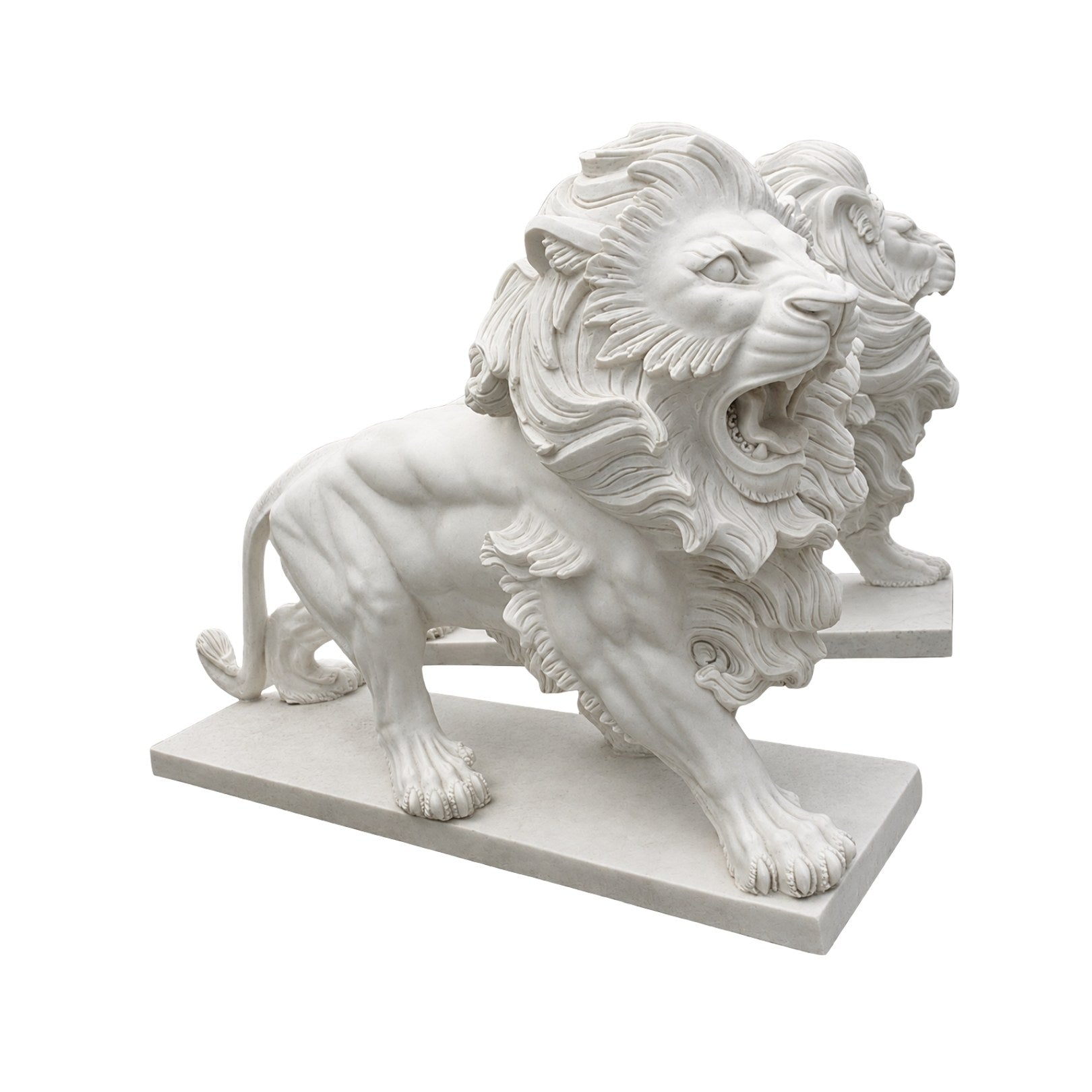 White marble lion crouched low with braced forelegs and a spiked mane, 120cm