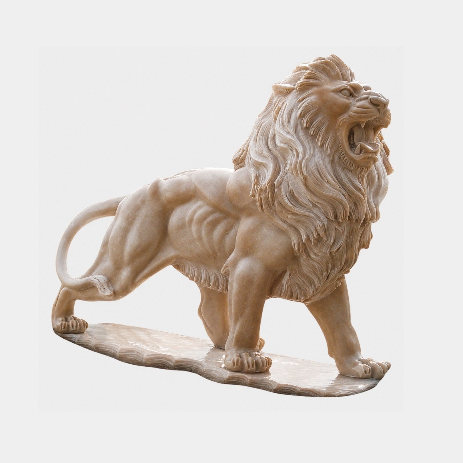 Beige marble lion roaring with head turned and tail looped high above the haunch