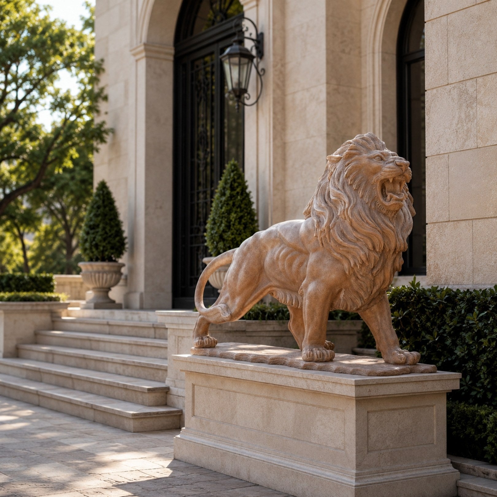 Beige marble lion roaring with its tail looped high, on its own slab