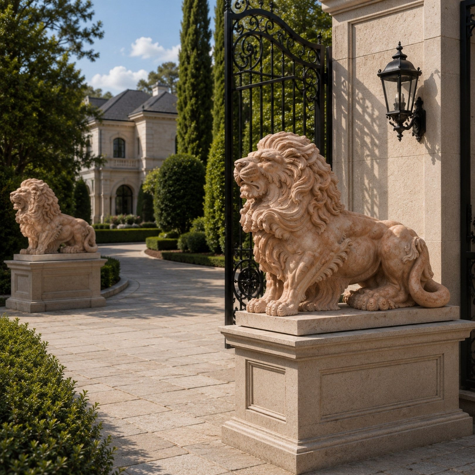 Pink marble lion couchant with a deeply waved mane at a drive gateway