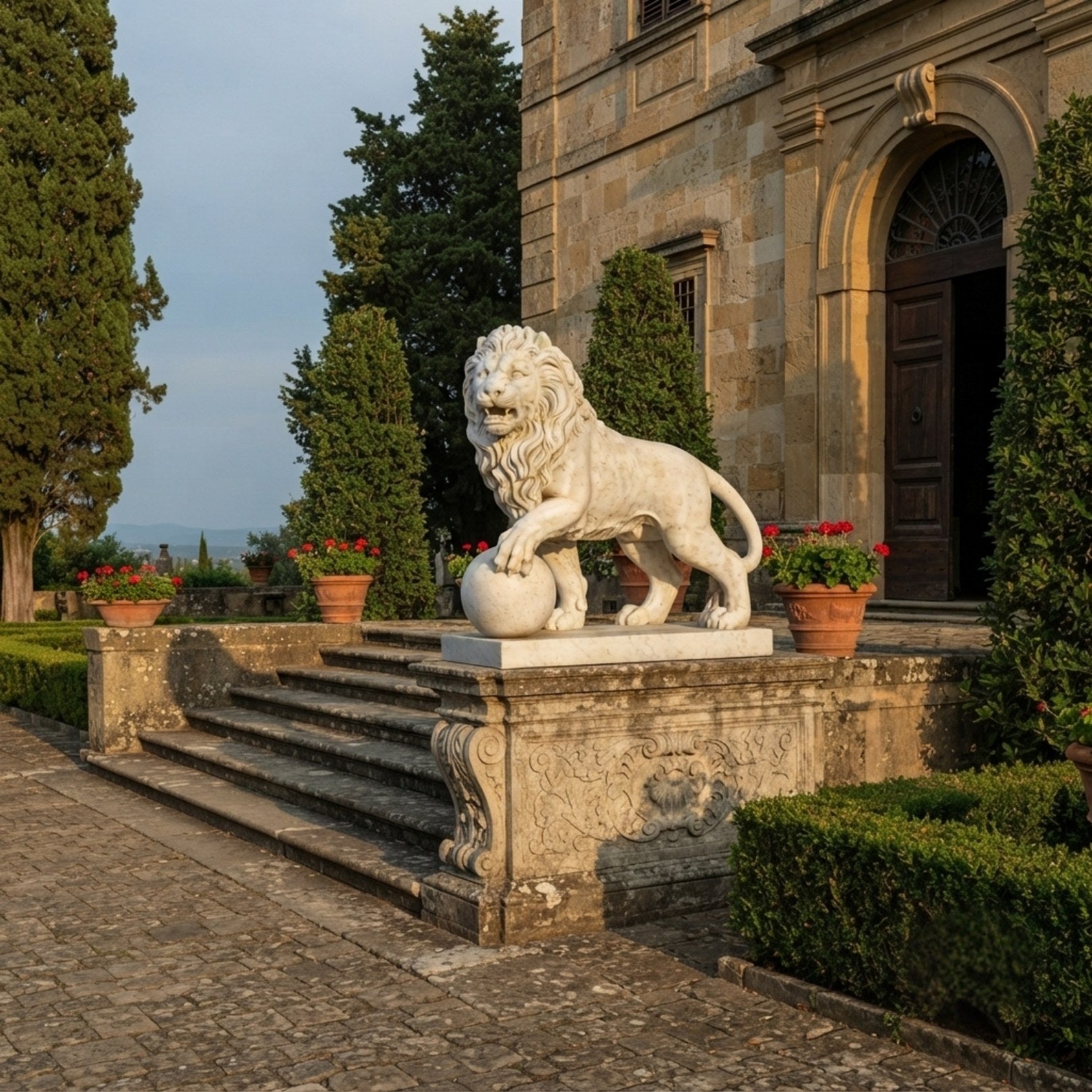 Cream marble lion with a forepaw on its sphere at a villa entrance