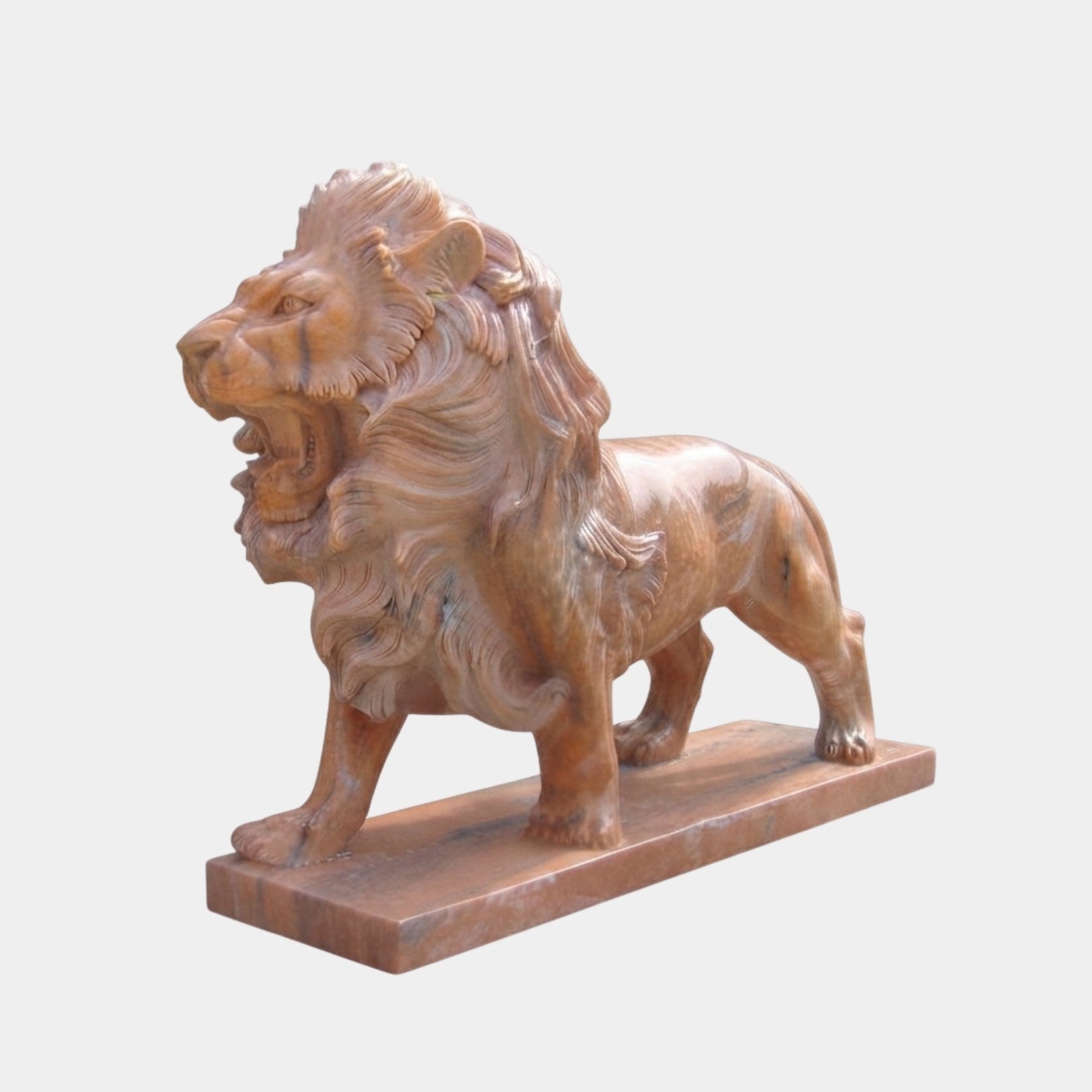 Veined brown marble lion standing four-square and roaring, 180cm