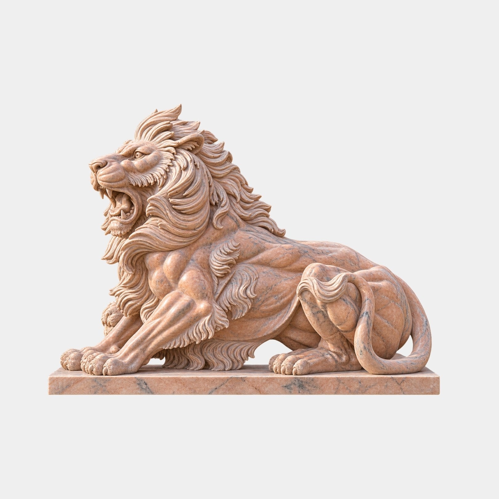 Pink marble lion couchant with forelegs extended and jaws open in a roar