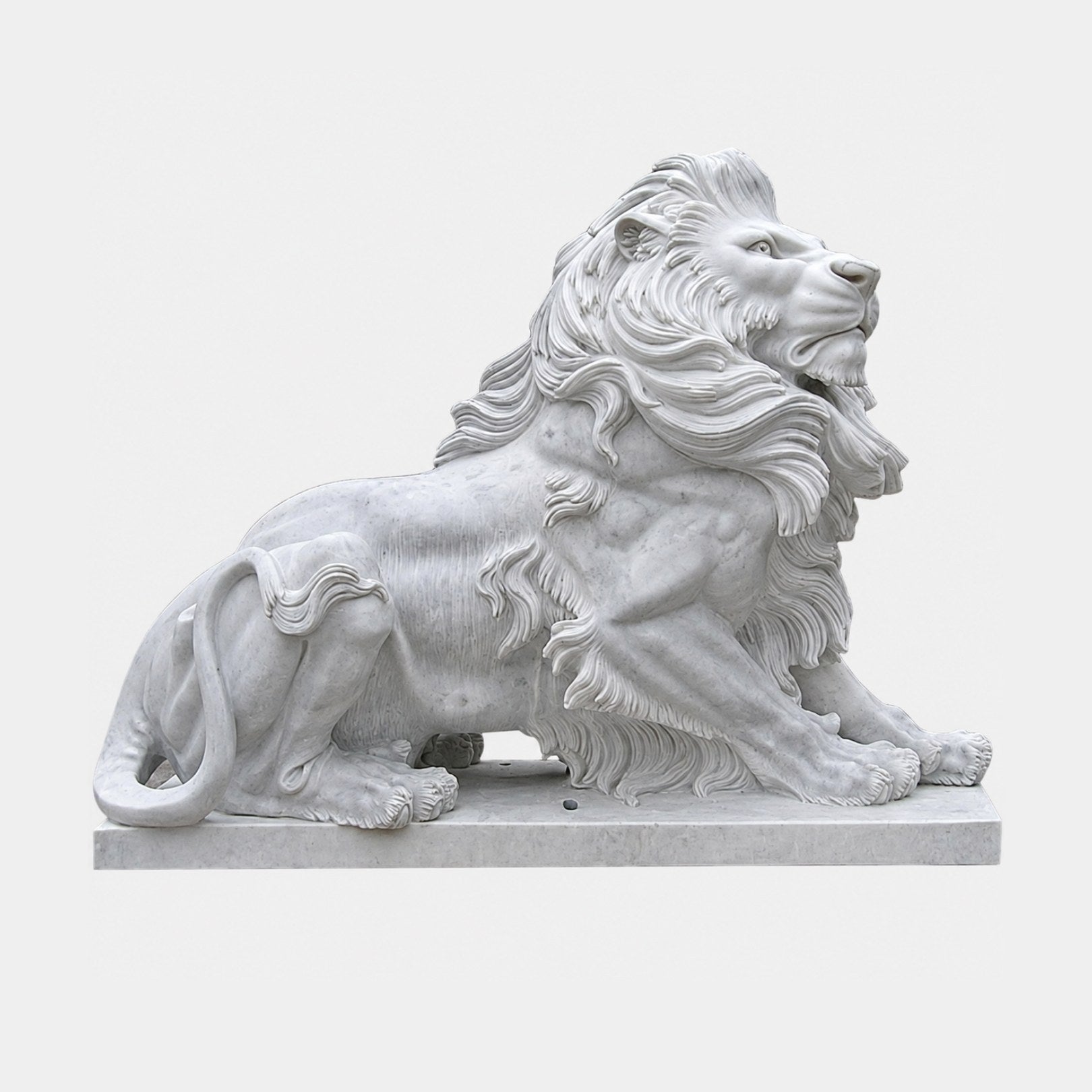 White marble lion lying at rest with its head raised and jaws closed, 120cm