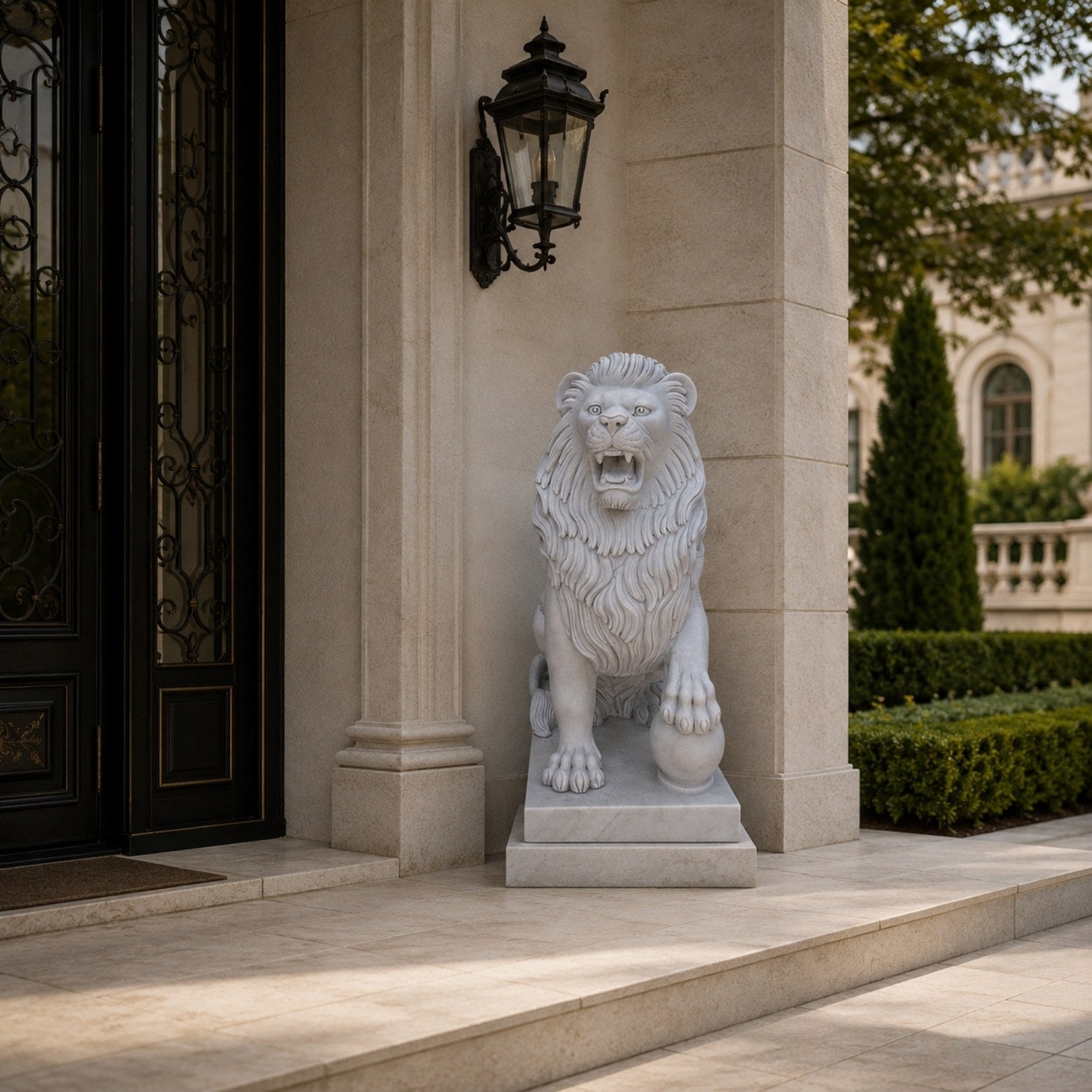 White marble lion seated with its forepaw on a sphere in a house porch