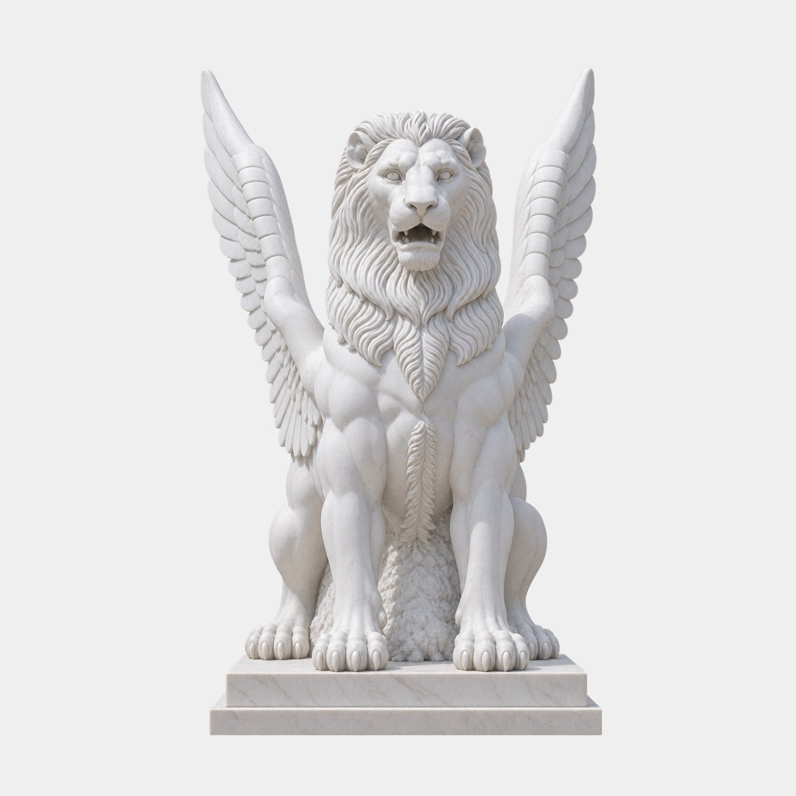 White marble winged lion seated frontally with feathered wings raised, 140cm