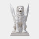 White marble winged lion seated frontally with feathered wings raised, 140cm