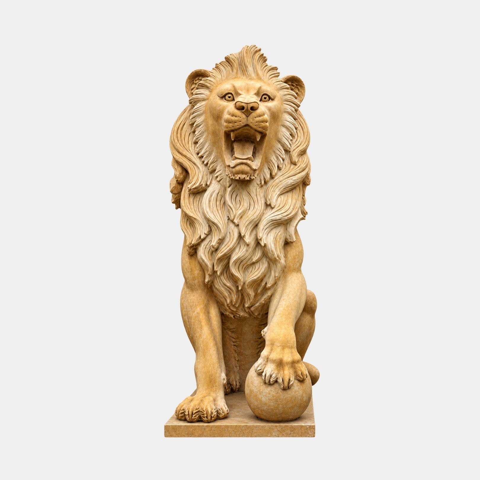 Beige marble lion seated and roaring with one paw on a sphere, 120cm