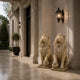 Beige marble lion seated with a forepaw on its sphere in a stone loggia
