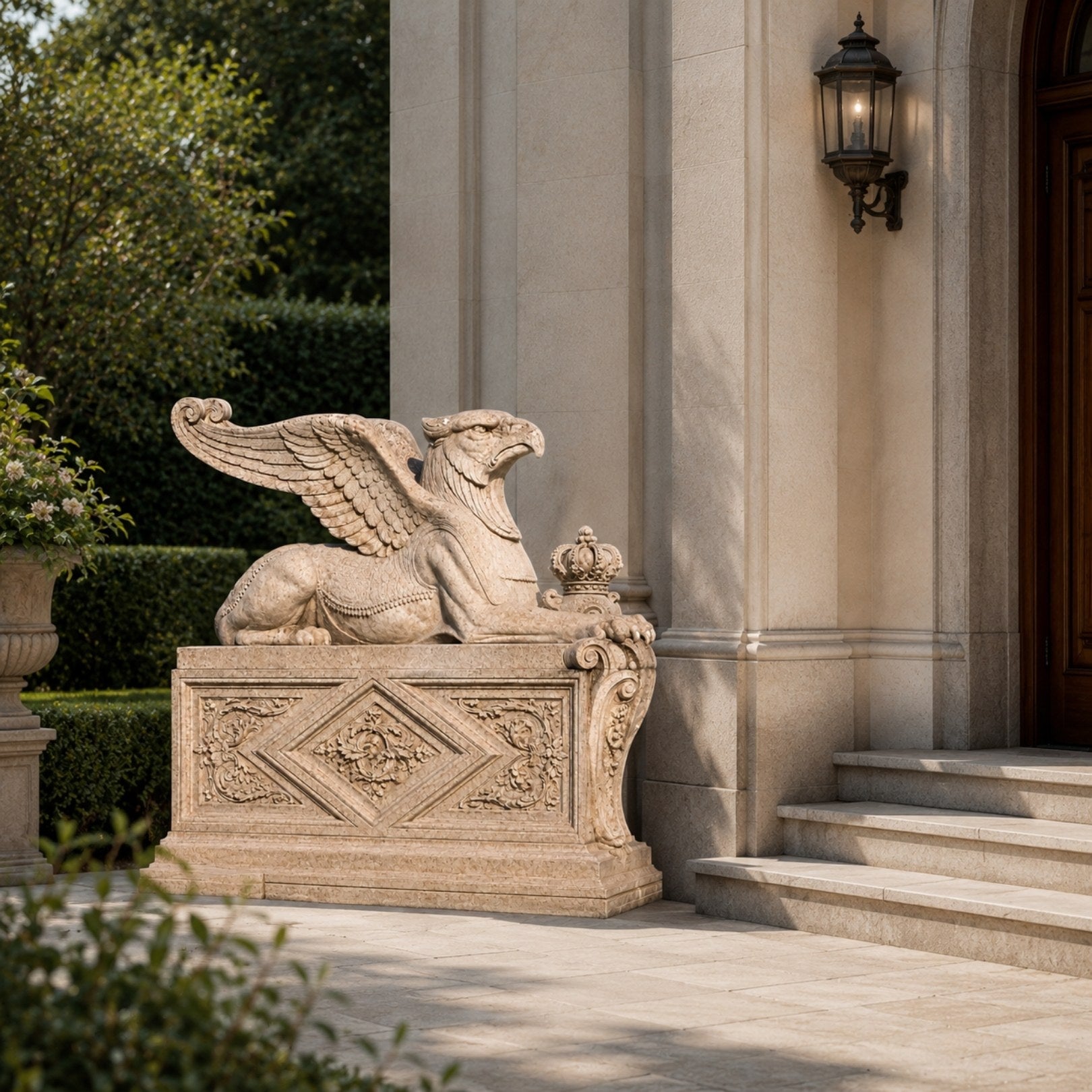 Beige stone griffin couchant with a crown beneath its forepaw