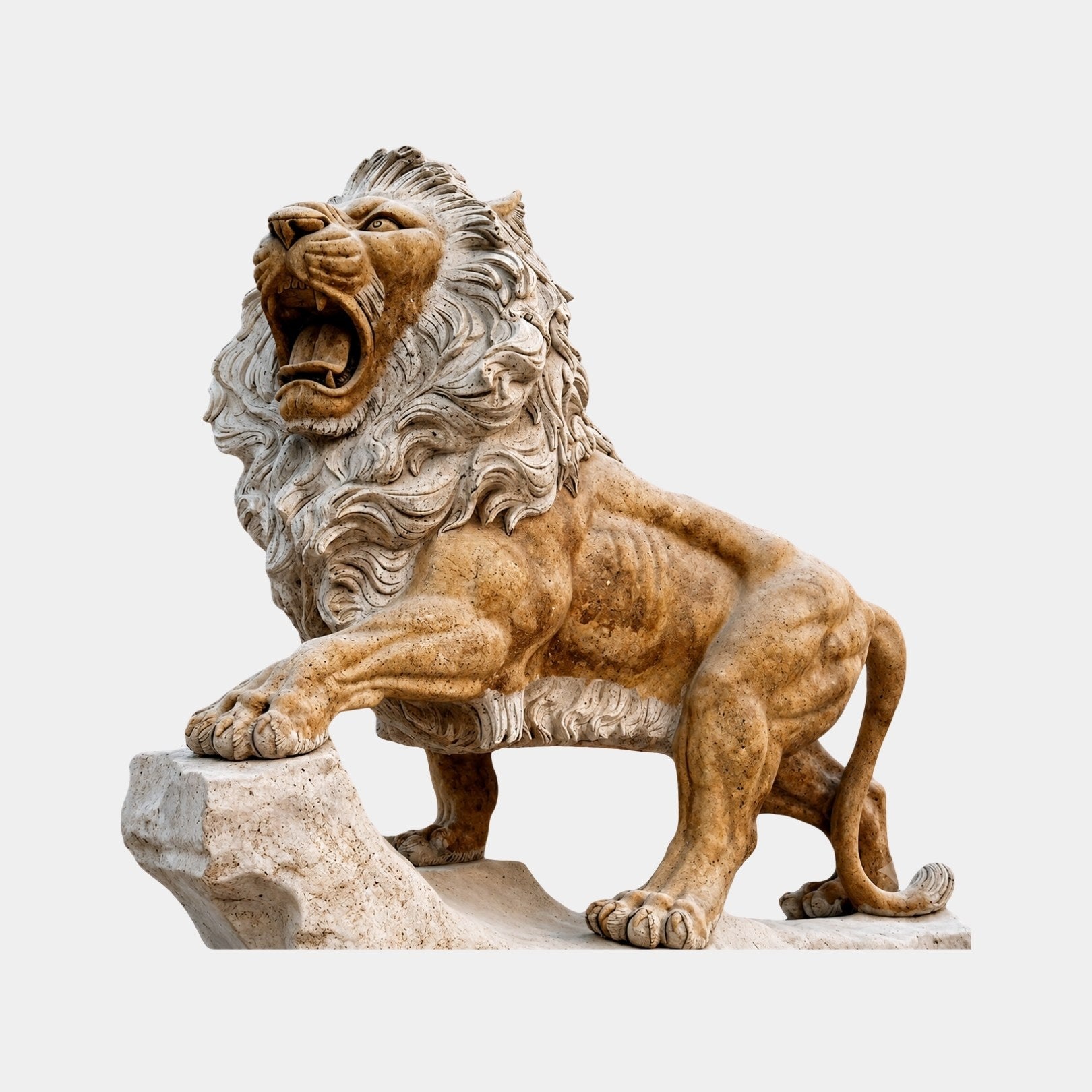 Beige stone lion roaring on a rock outcrop with one forepaw raised