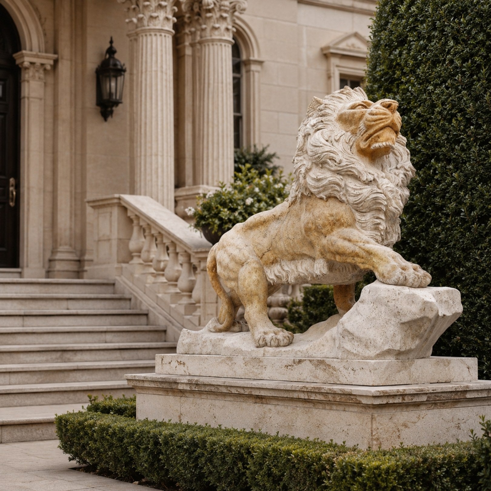 Beige stone lion with its head lifted and a forepaw on the rock