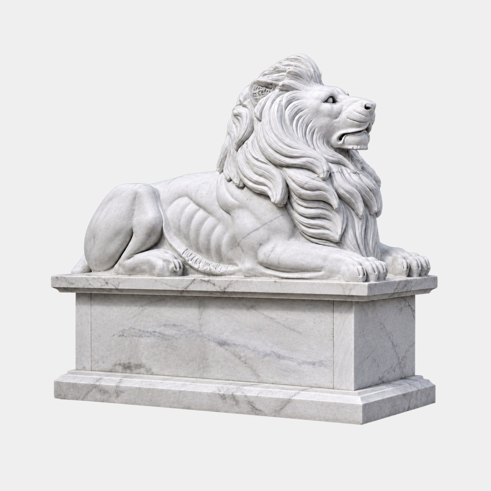 White marble lion couchant on a moulded plinth, head turned out and jaws parted