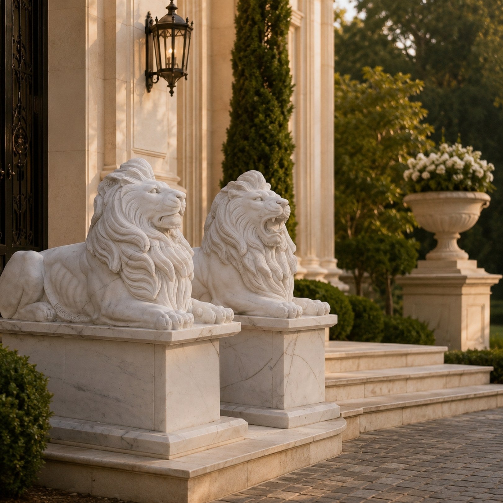 The two couchant marble lions on their pedestals at a mansion entrance