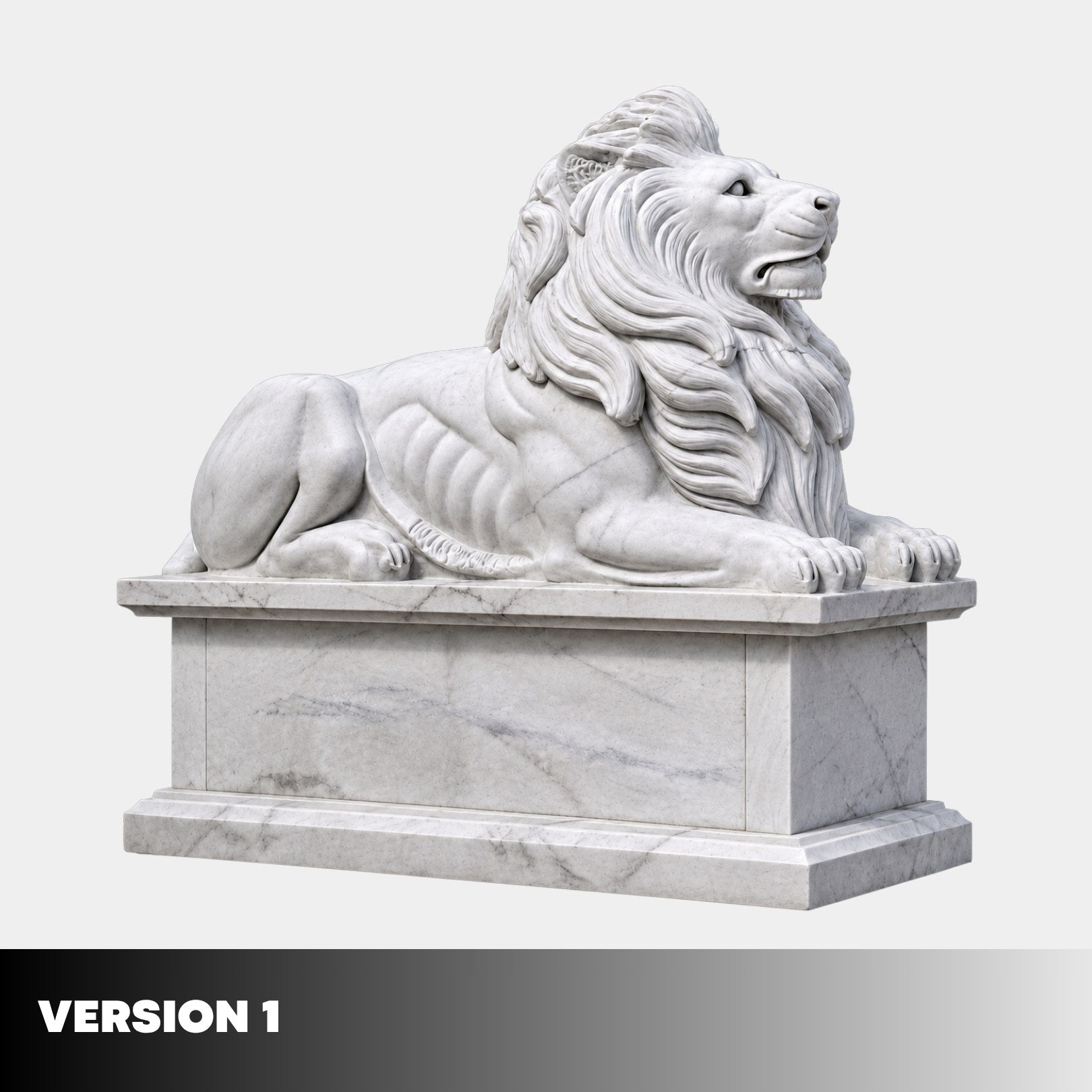 Version 1 of the couchant marble lion on its pedestal, mouth closed