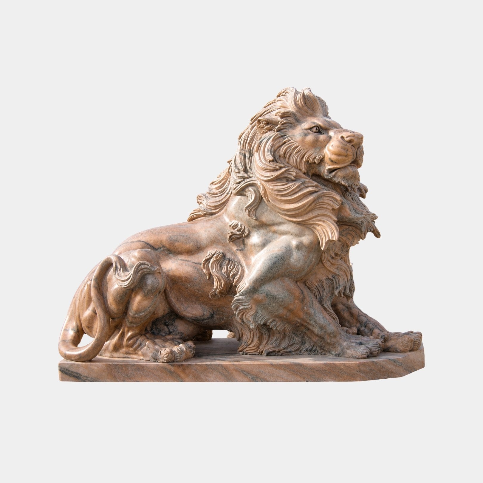 Pink marble lion couchant with its tail curled forward along the flank
