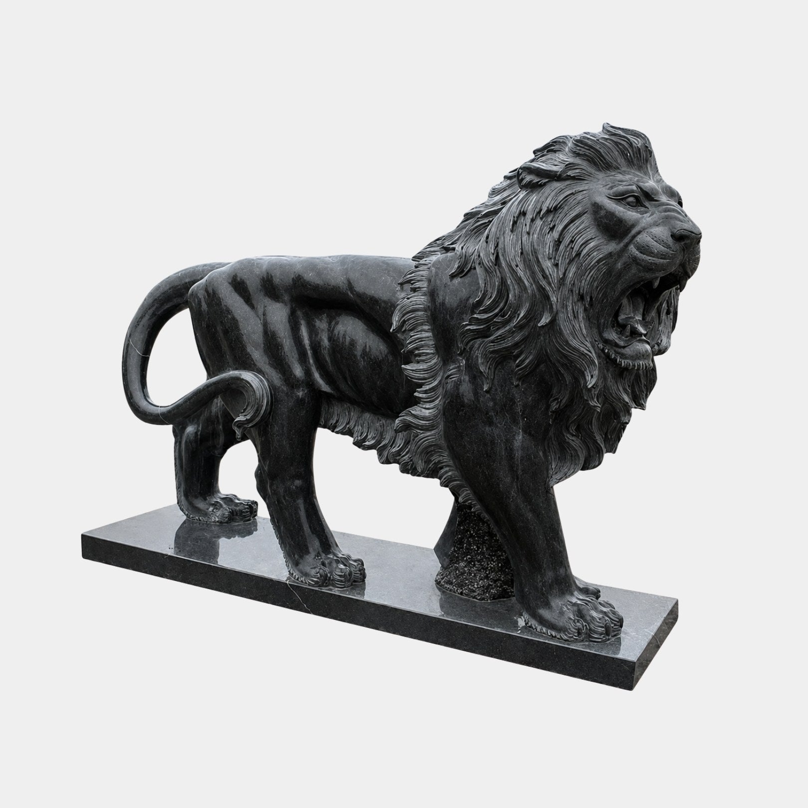 Black granite lion standing and roaring with its tail in a high loop