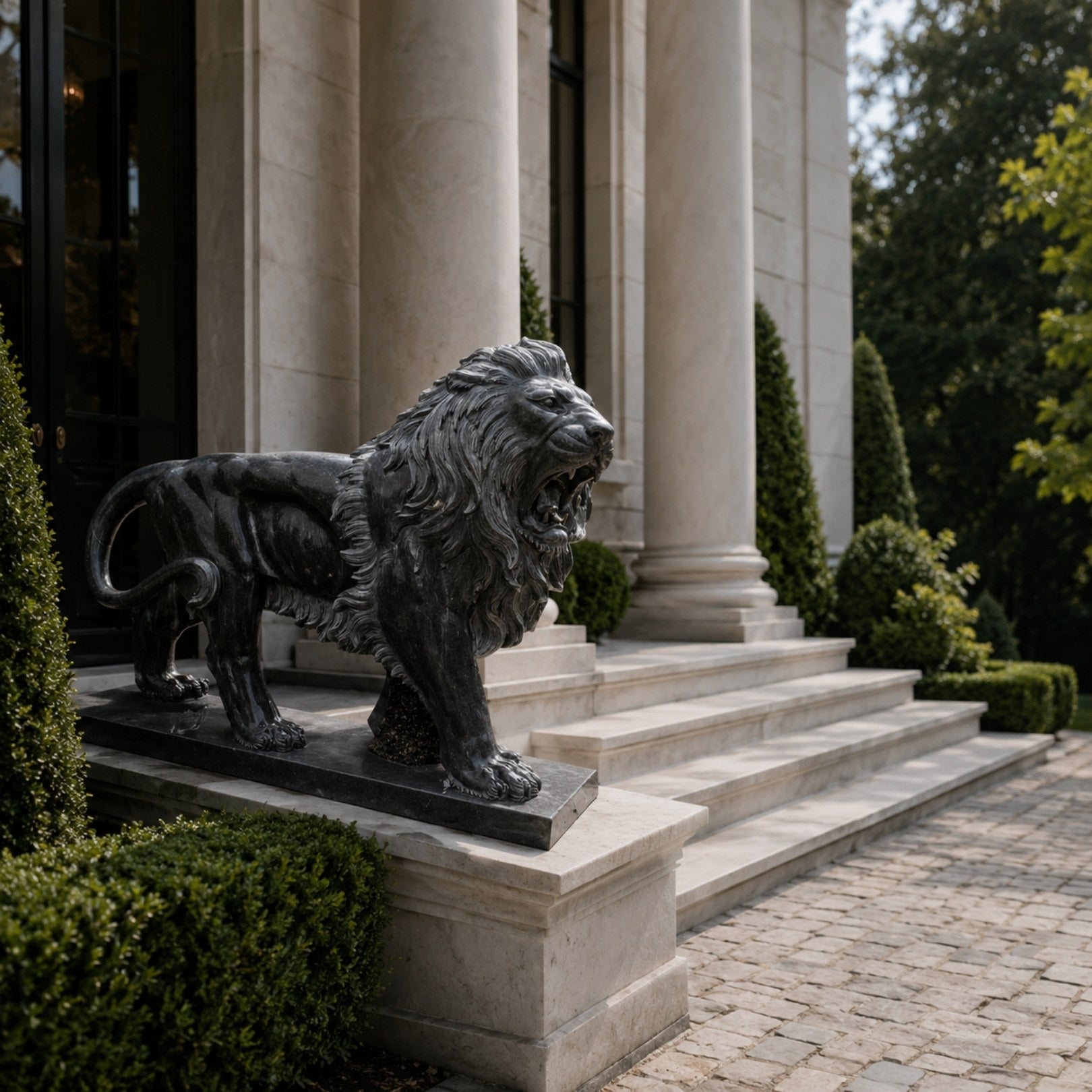 Polished black granite lion roaring on its own dark slab