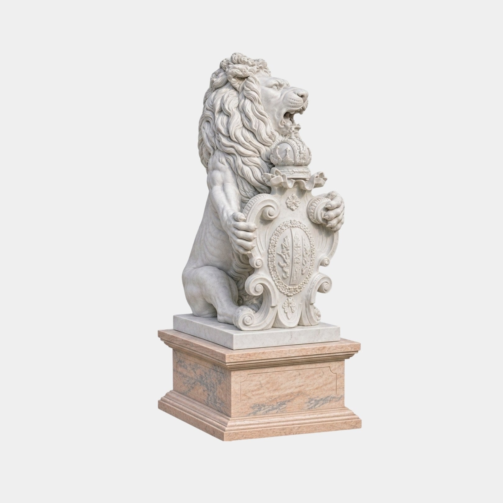 White marble lion holding a crowned oval cartouche on a peach pedestal