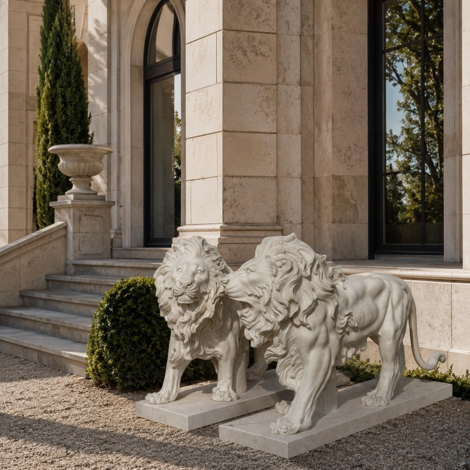 The two standing marble lions on their own slabs beside stone steps