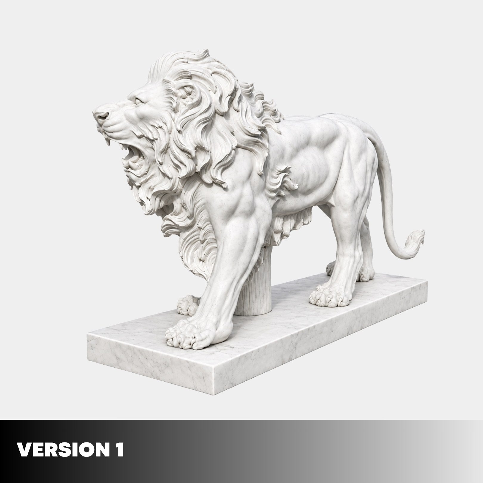 Version 1 of the standing marble lion, forward facing with the jaws closed