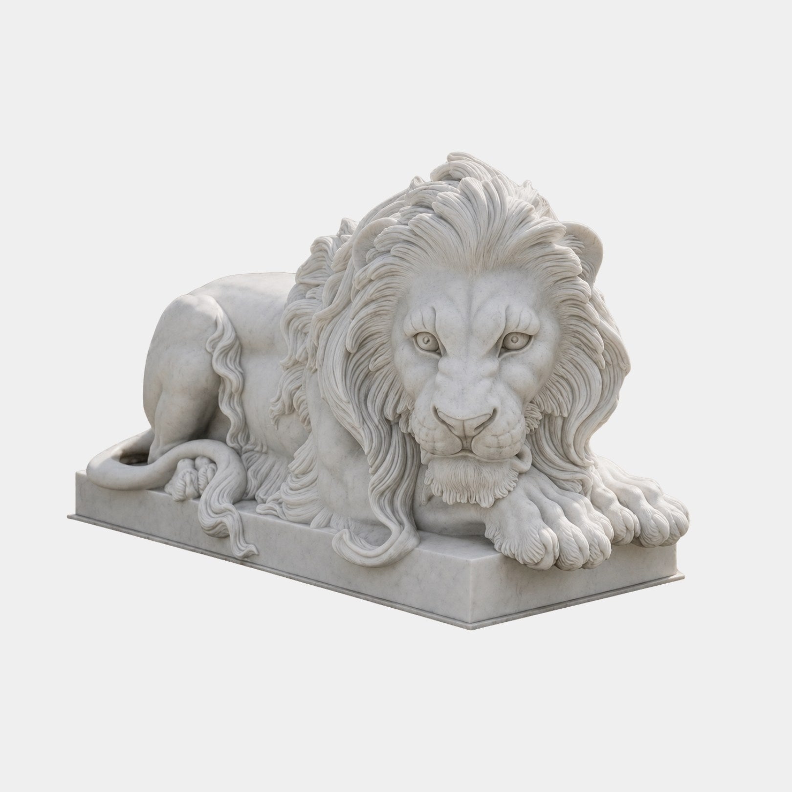 White marble lion couchant with crossed paws projecting past the plinth edge