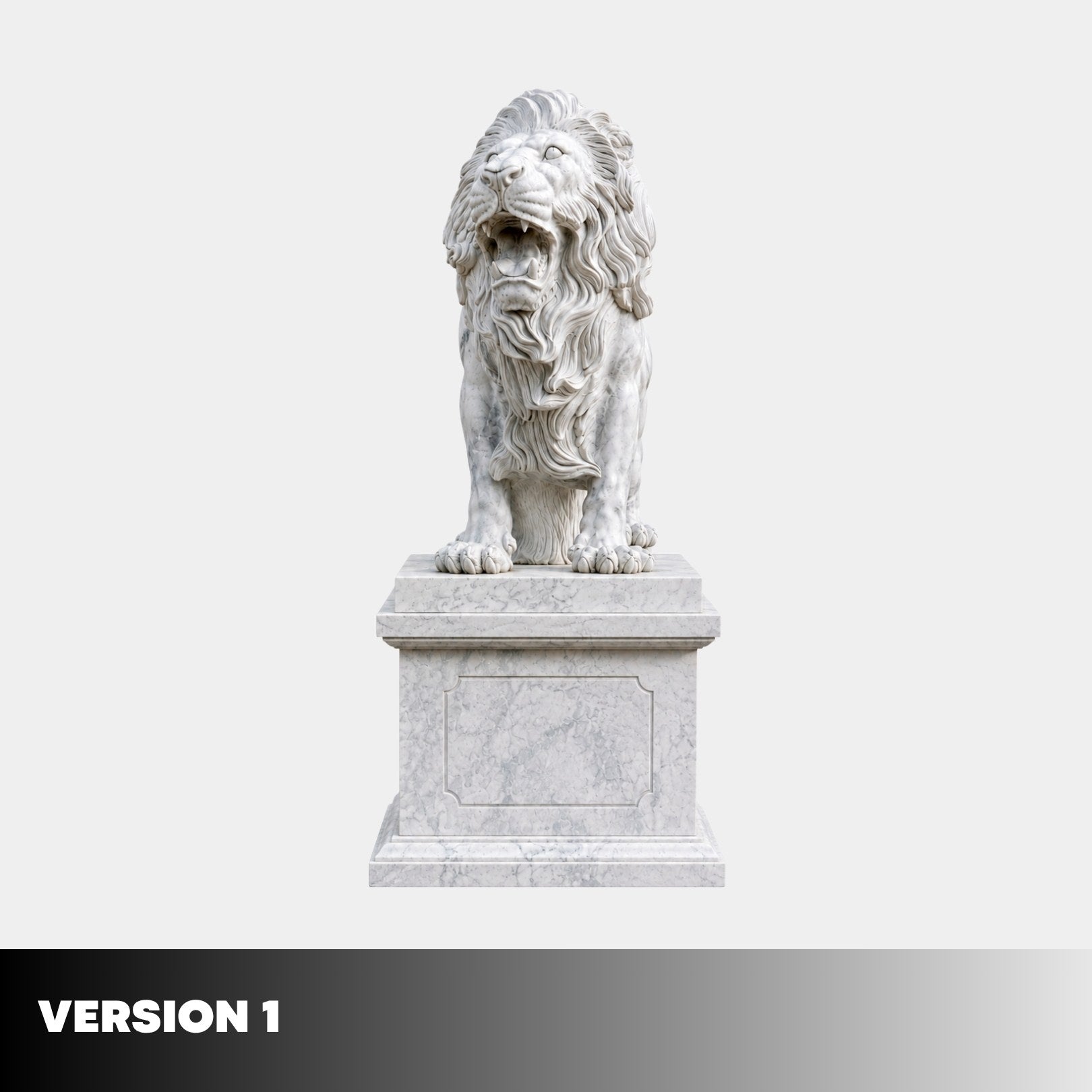 Version 1 of the marble lion on its moulded pedestal, square to the front