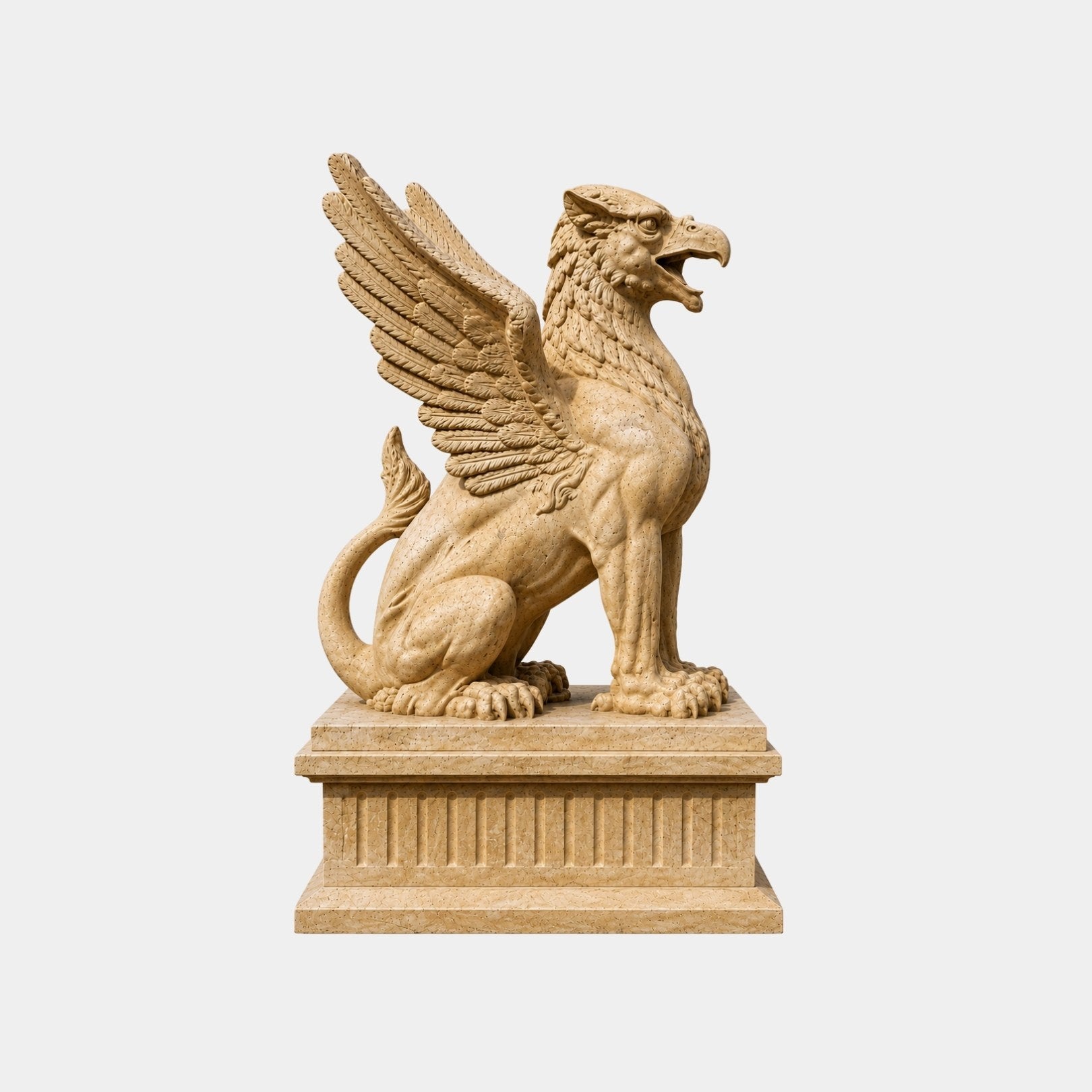 Beige marble griffin seated with an eagle head and both wings raised