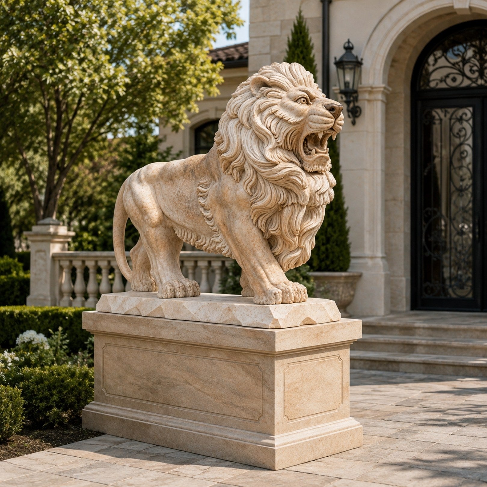 Beige marble lion roaring on its chisel-faceted base slab