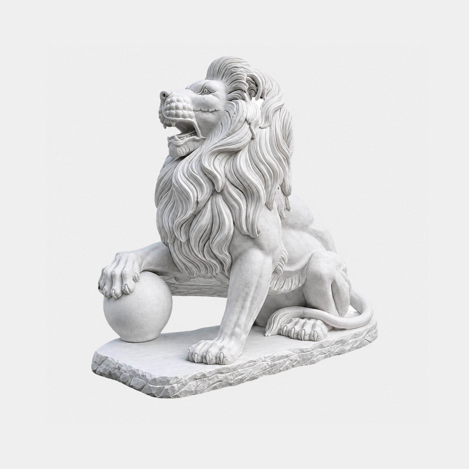 White marble lion seated with head lifted and turned, forepaw on a sphere