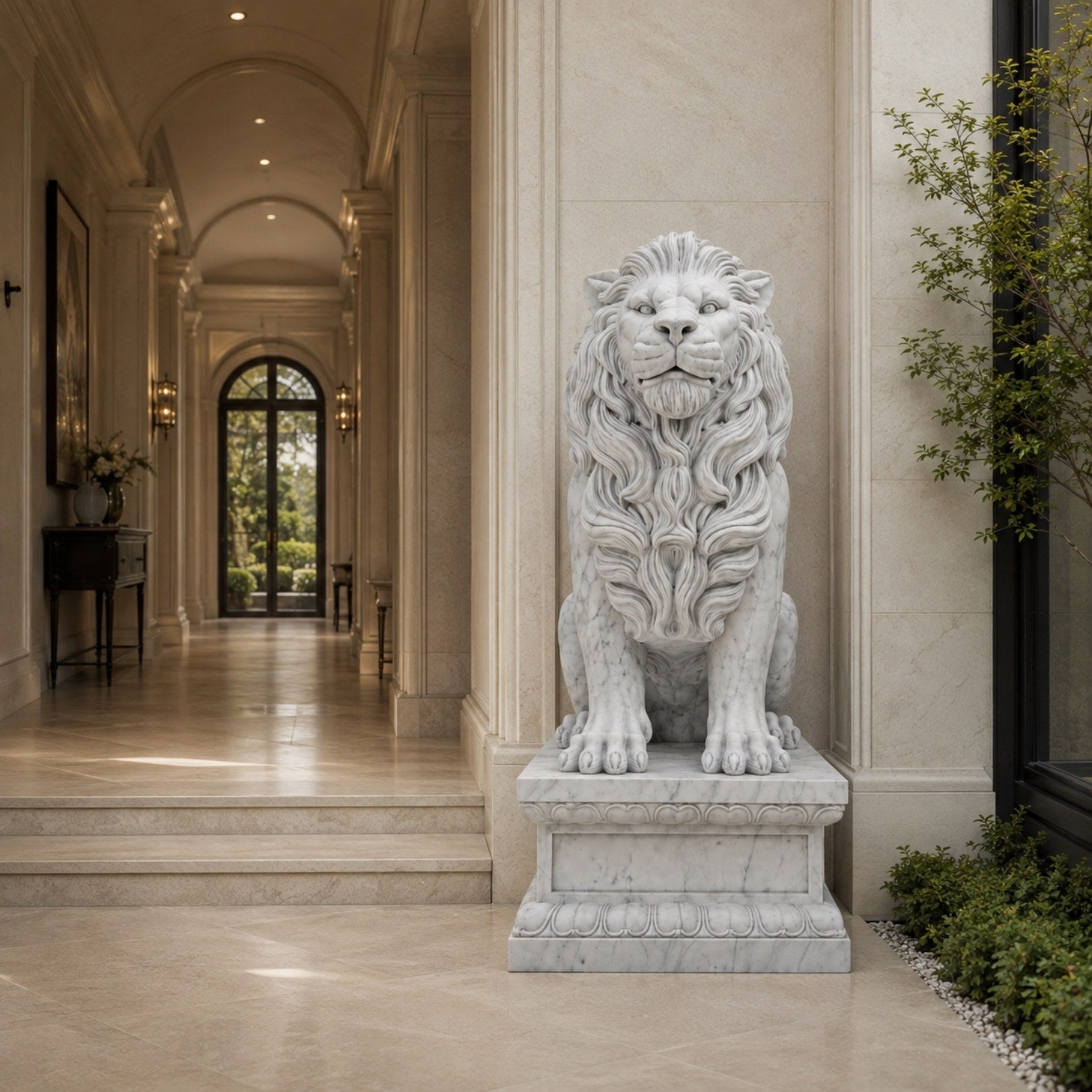 White marble lion seated calm-faced on its moulded pedestal indoors
