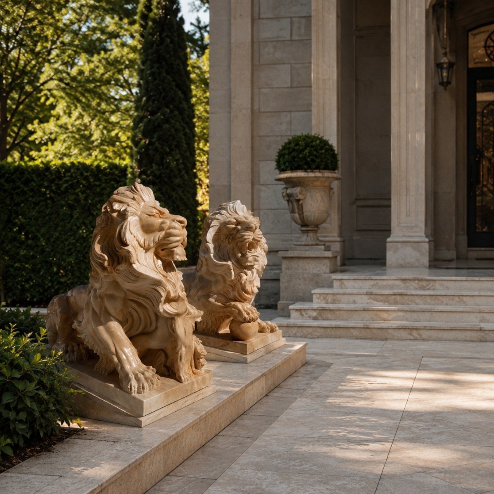 The two couchant honey marble lions on a terrace beside stone steps