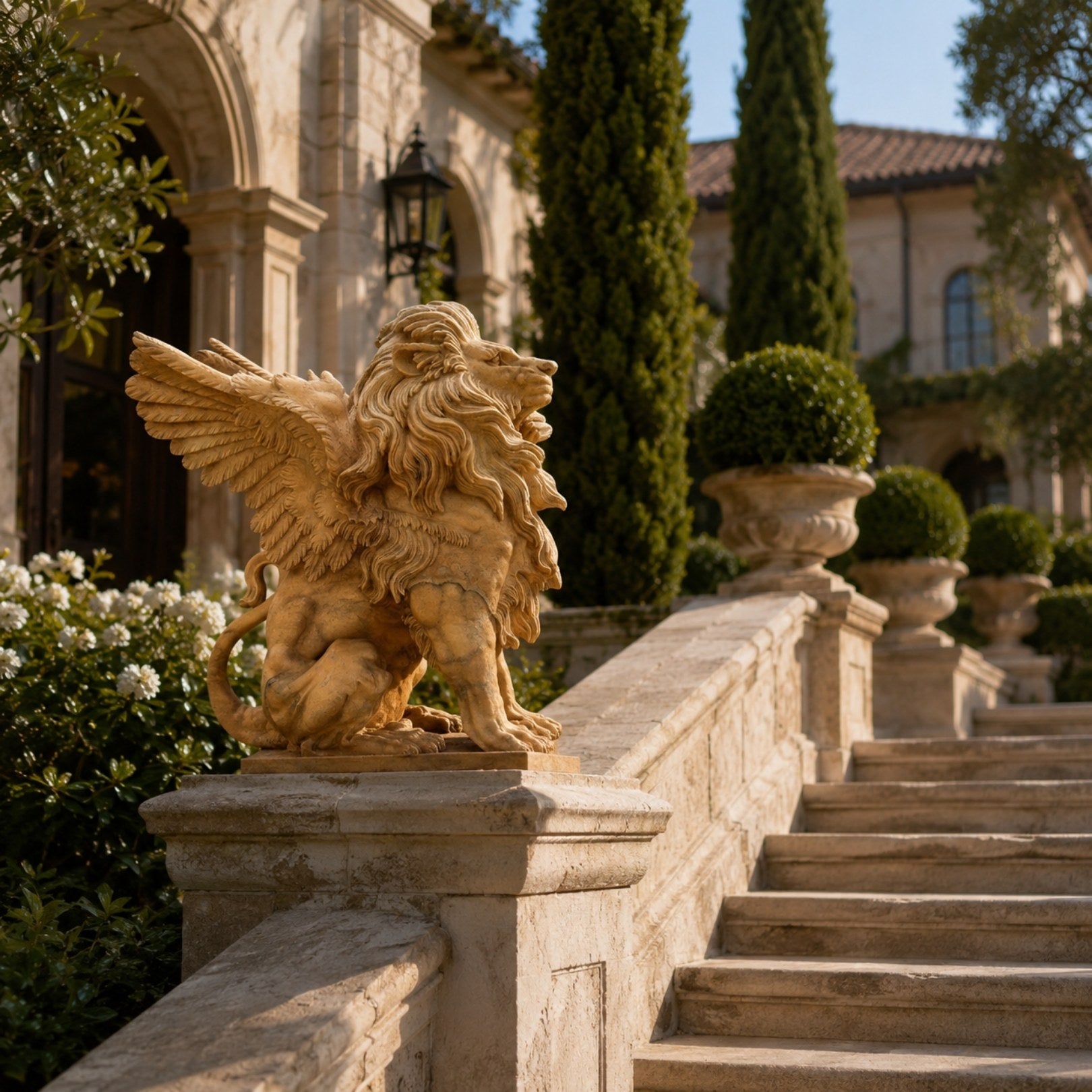 Honey marble winged lion seated with both wings raised
