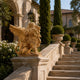 Honey marble winged lion seated with both wings raised