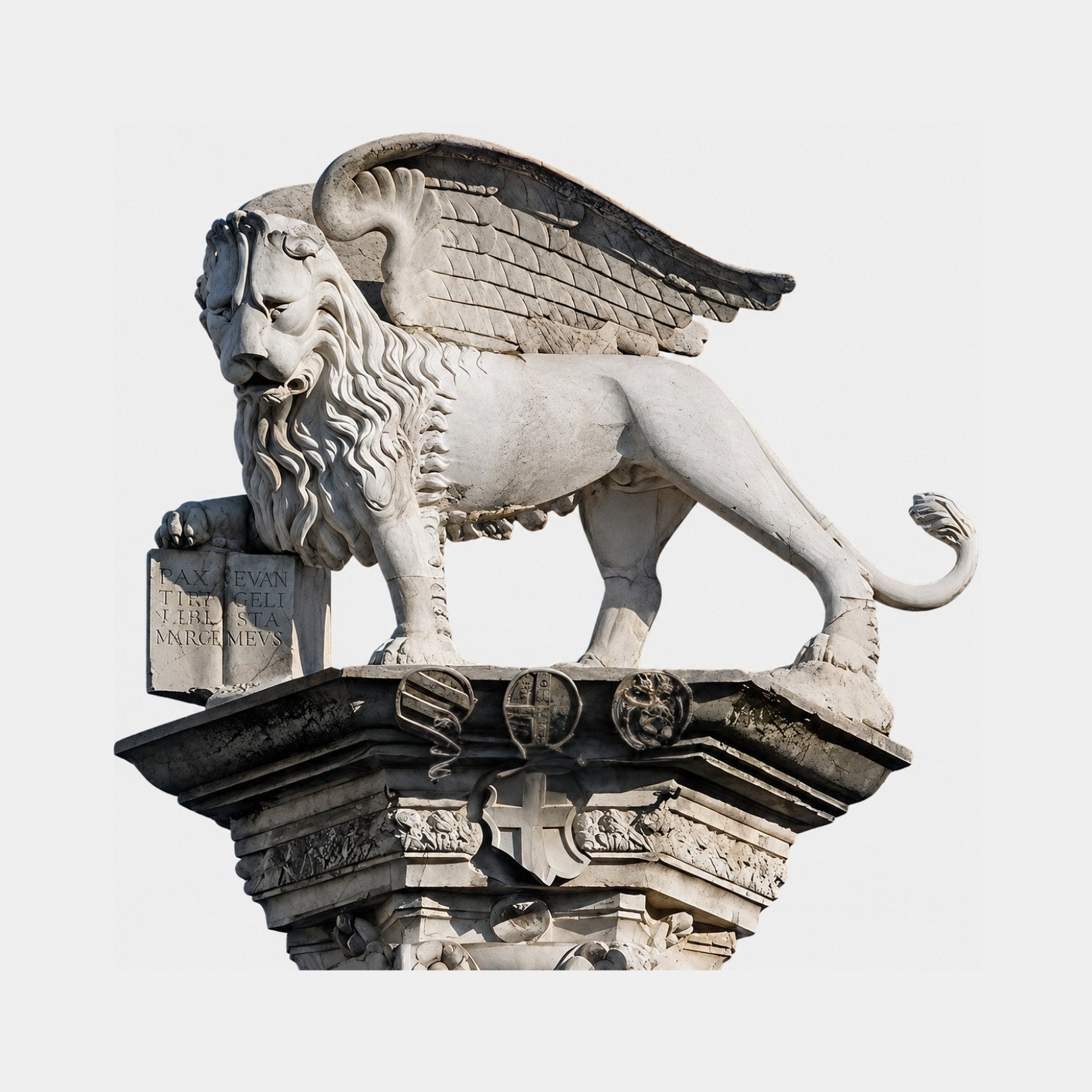White marble winged lion with a forepaw on a carved open book