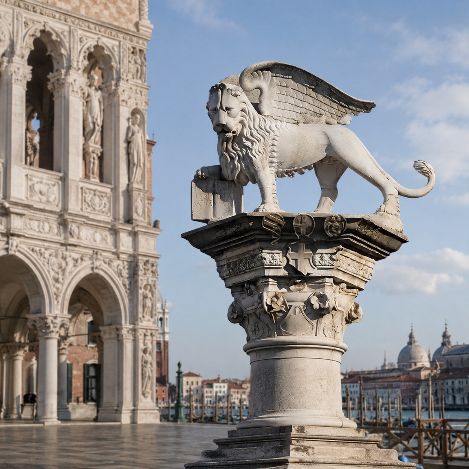 The white marble winged lion on its carved capital beside a paved walk