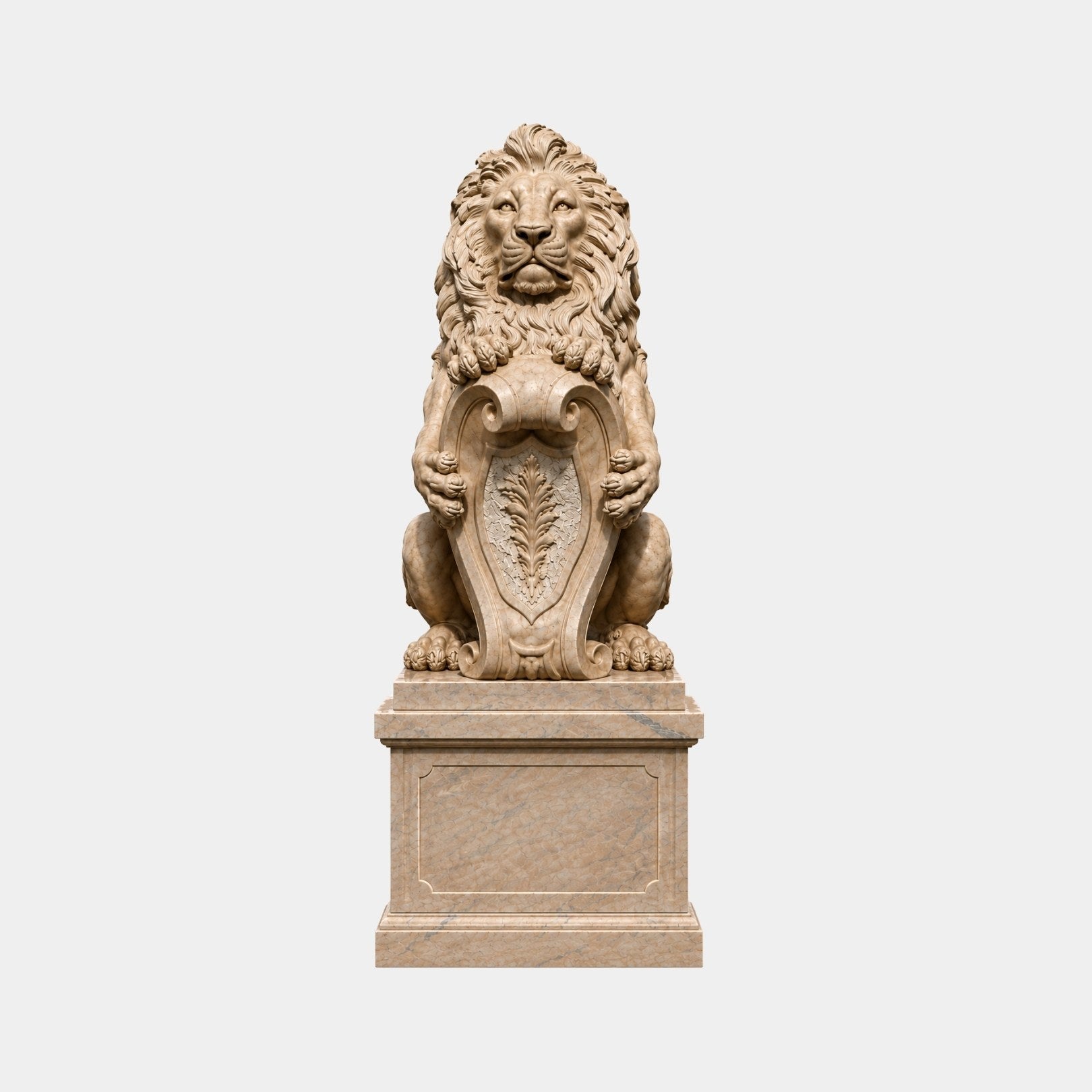 Beige marble lion seated holding a tall scrolled cartouche in both paws
