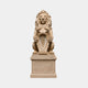 Beige marble lion seated holding a tall scrolled cartouche in both paws