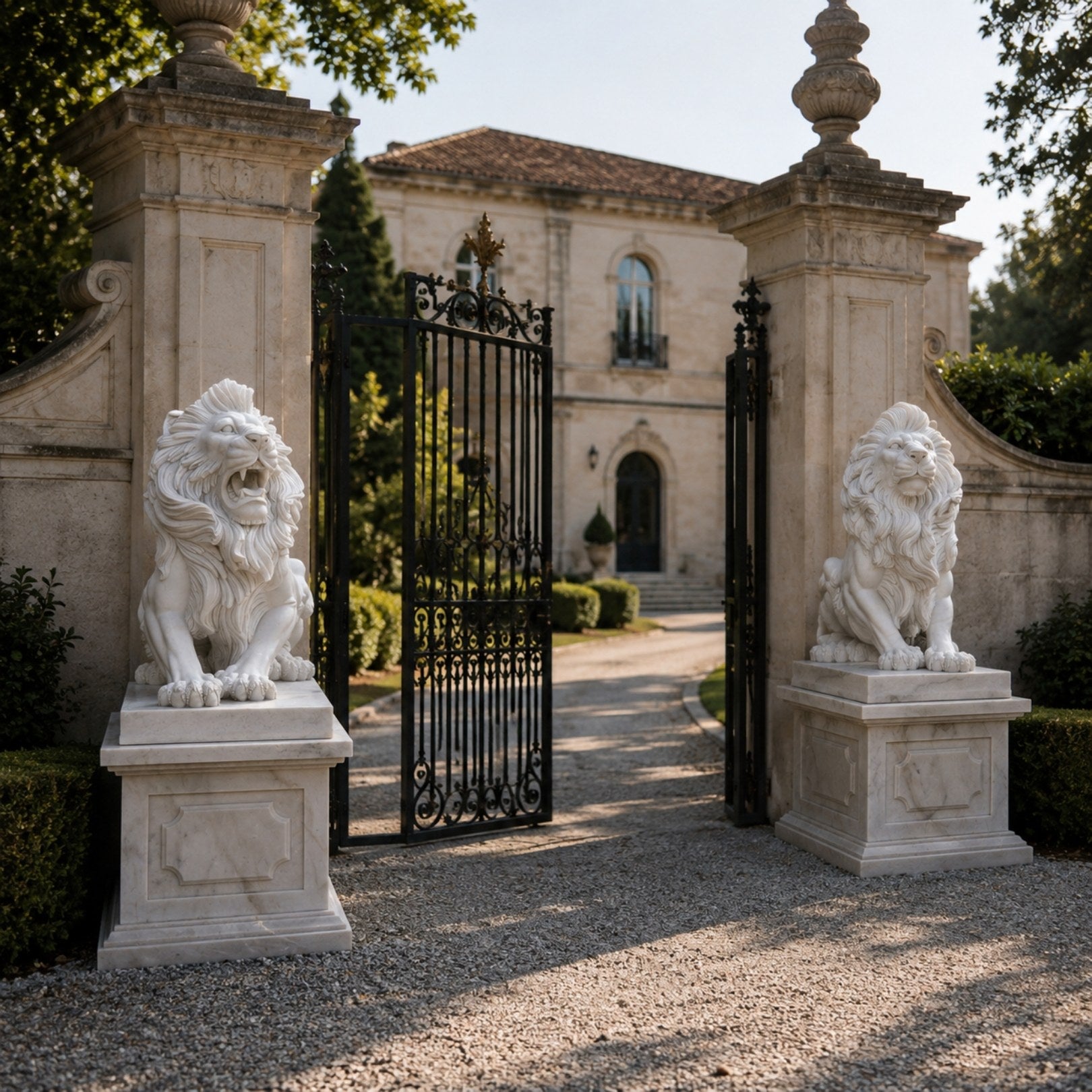 The two seated marble lions on their pedestals beside a pair of open gates