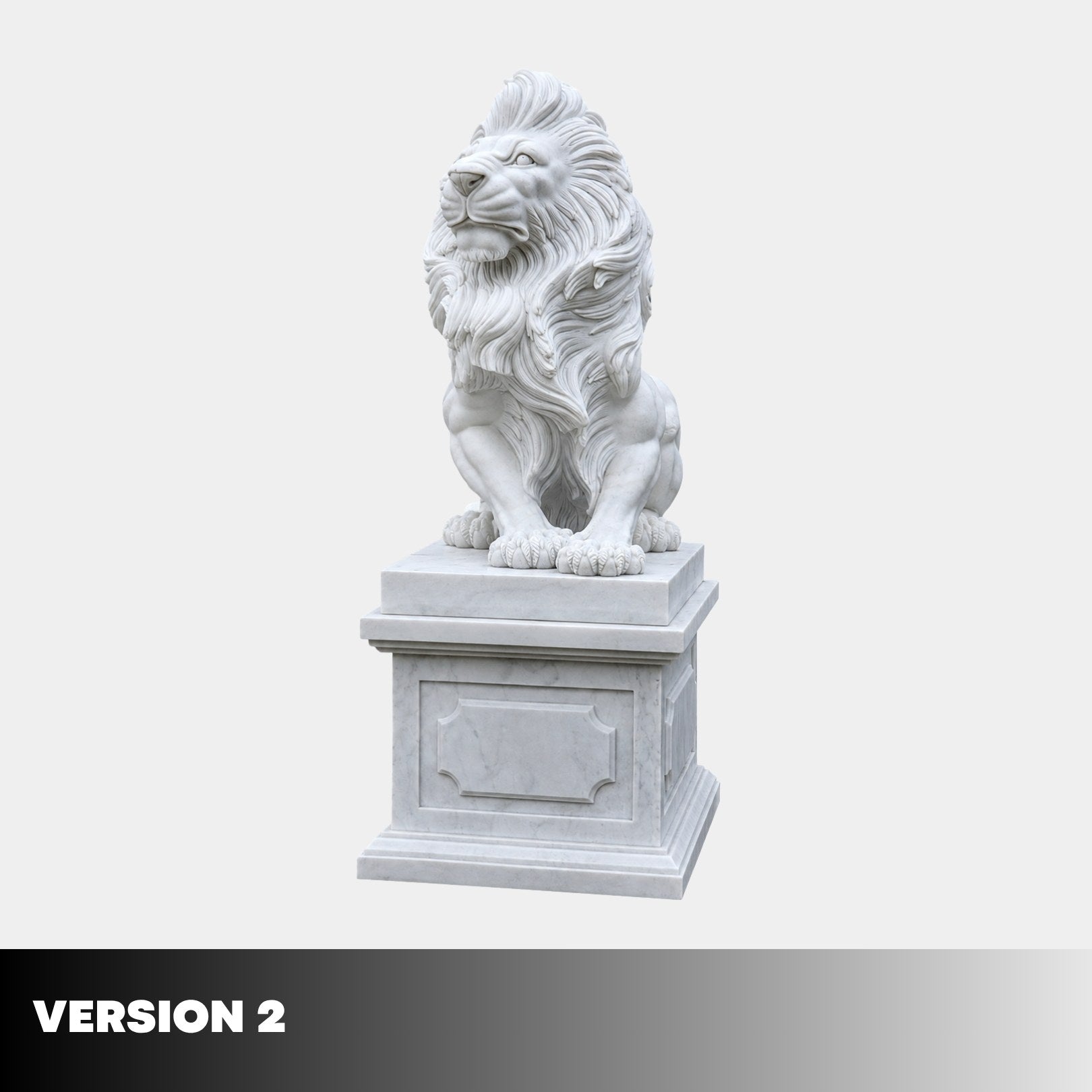 Version 2 of the seated lion on its pedestal, mouth closed and head high