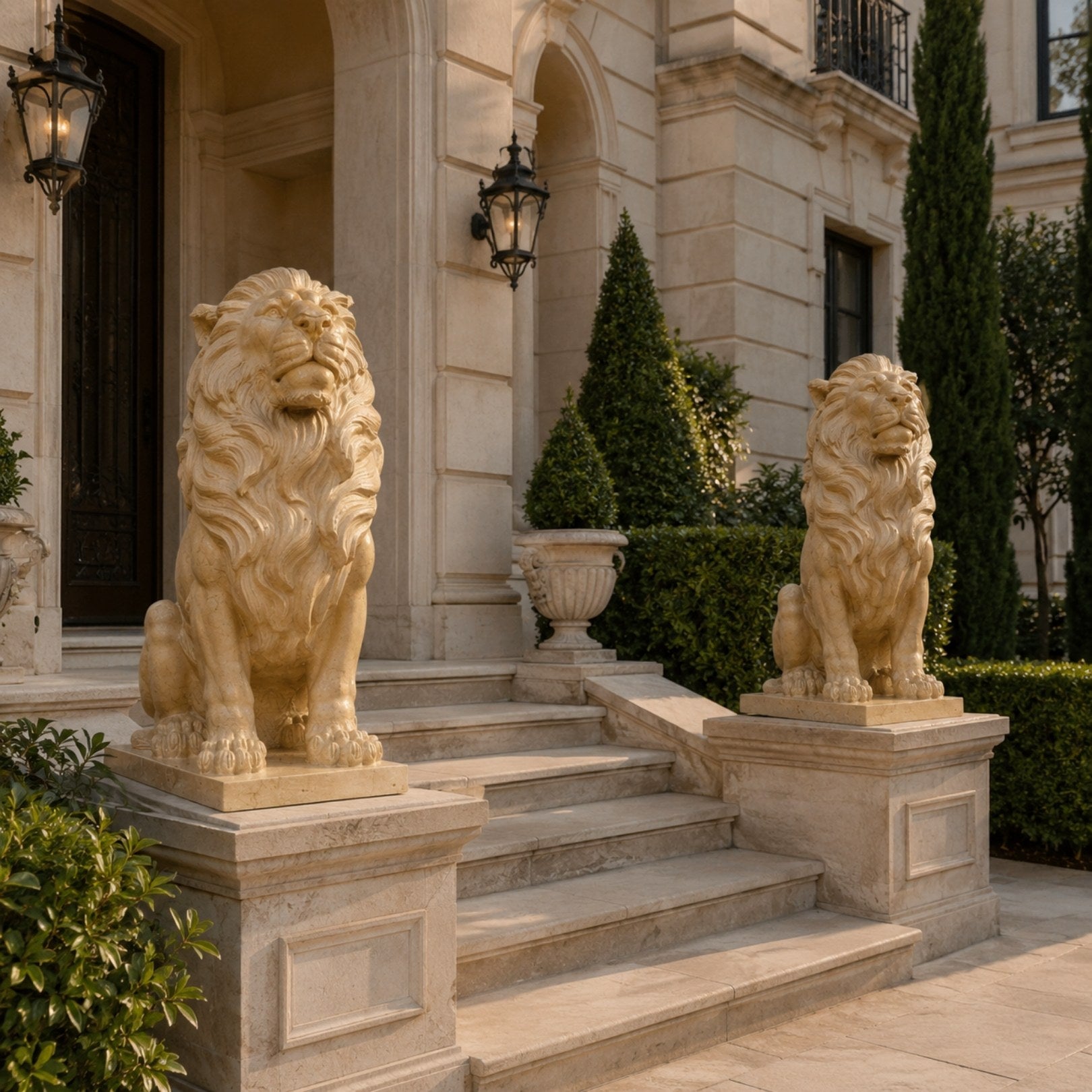 Honey marble lion seated with its mane fringe hanging down the chest