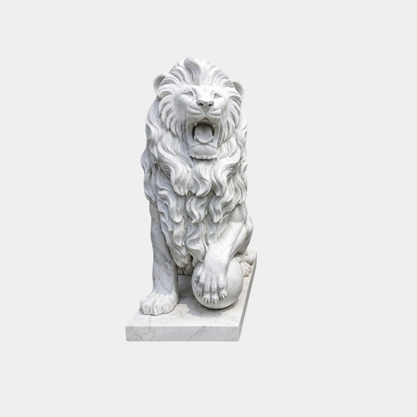 White marble lion seated and roaring with a forepaw on a sphere