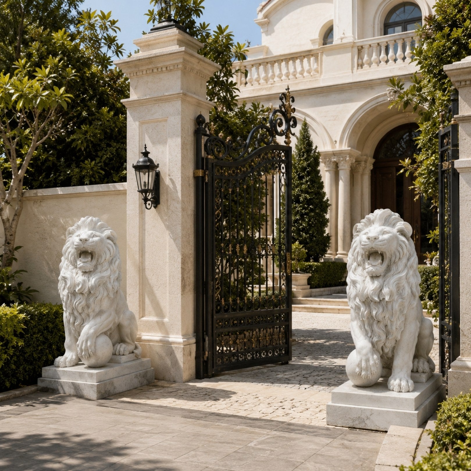 White marble lion roaring with its forepaw on a sphere at a gateway