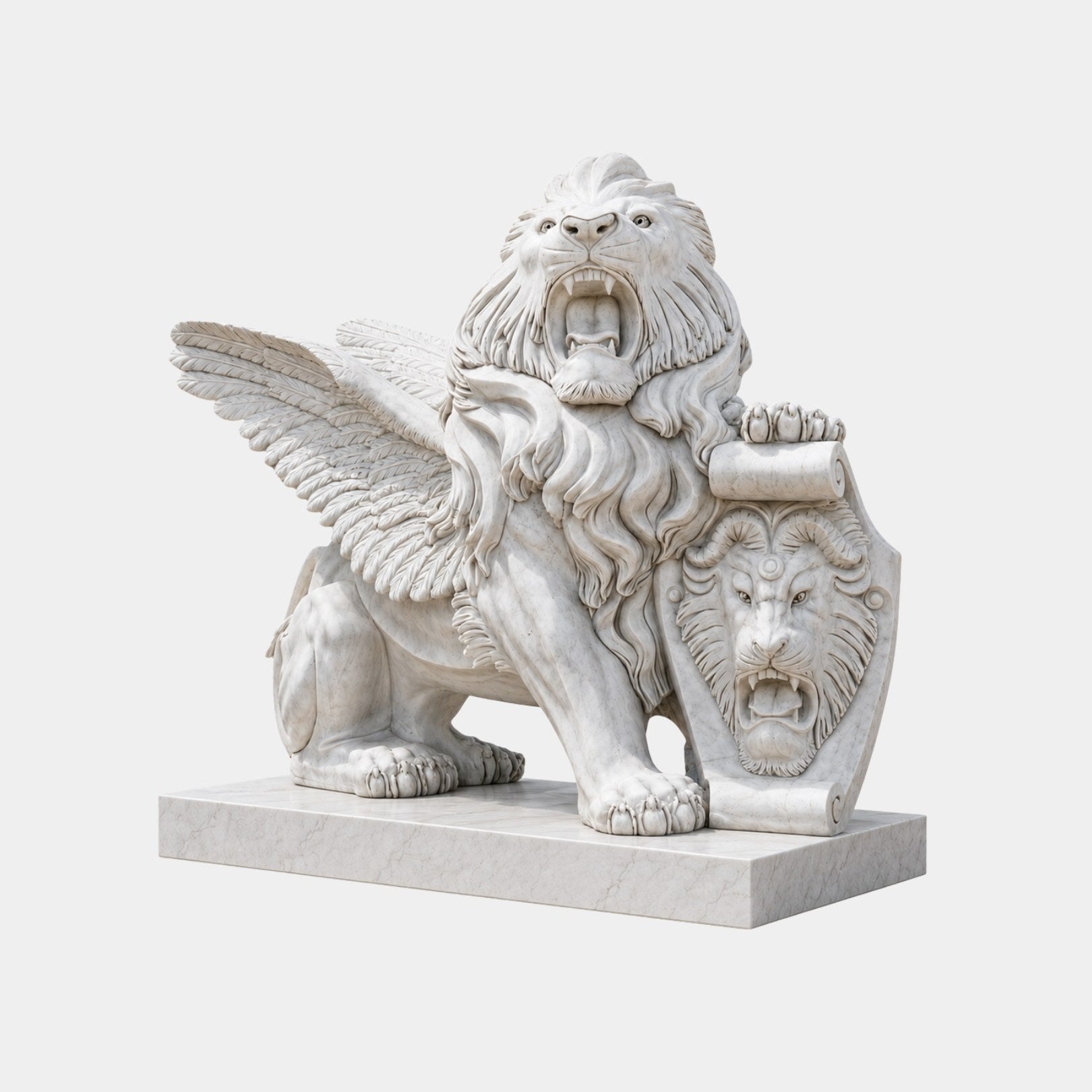 White marble winged lion roaring with a paw on a lion mask shield