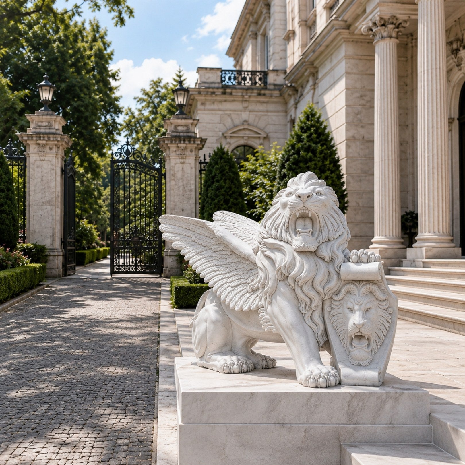 White marble winged lion with its paw on a shield carved with a lion mask