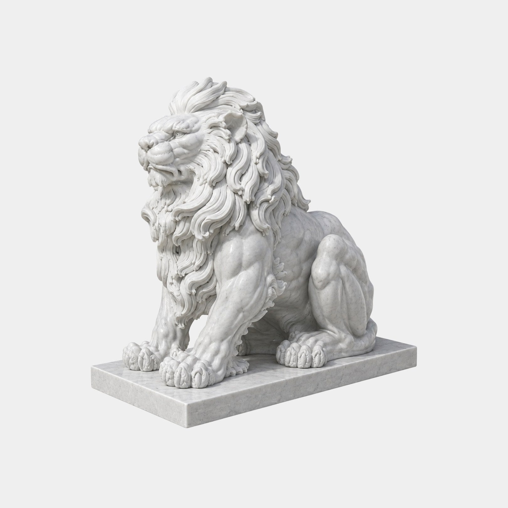 White marble lion seated with head turned and forepaws spread forward
