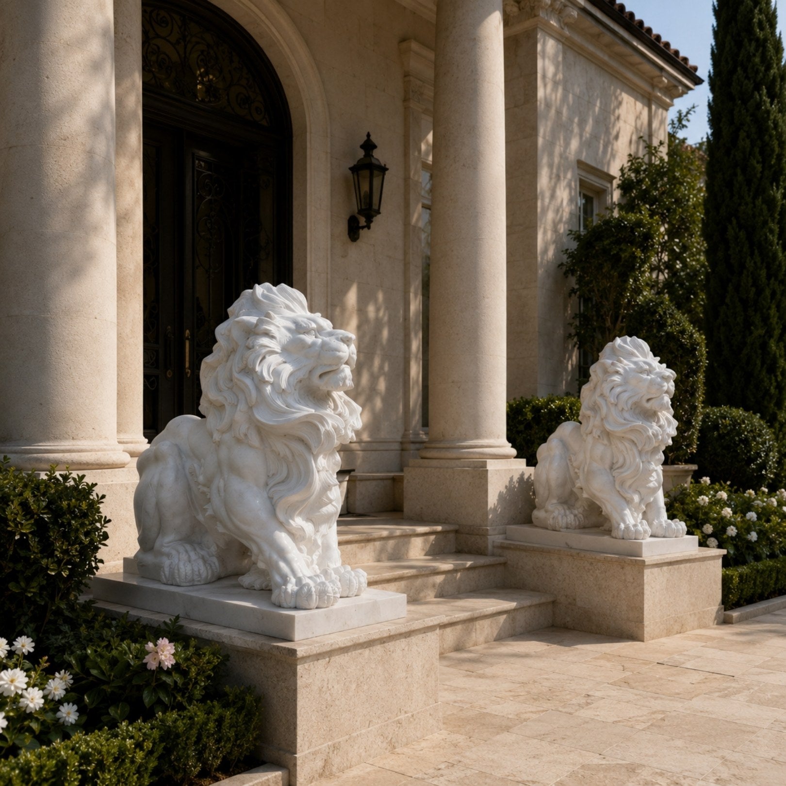White marble lion seated with its head turned and forepaws spread