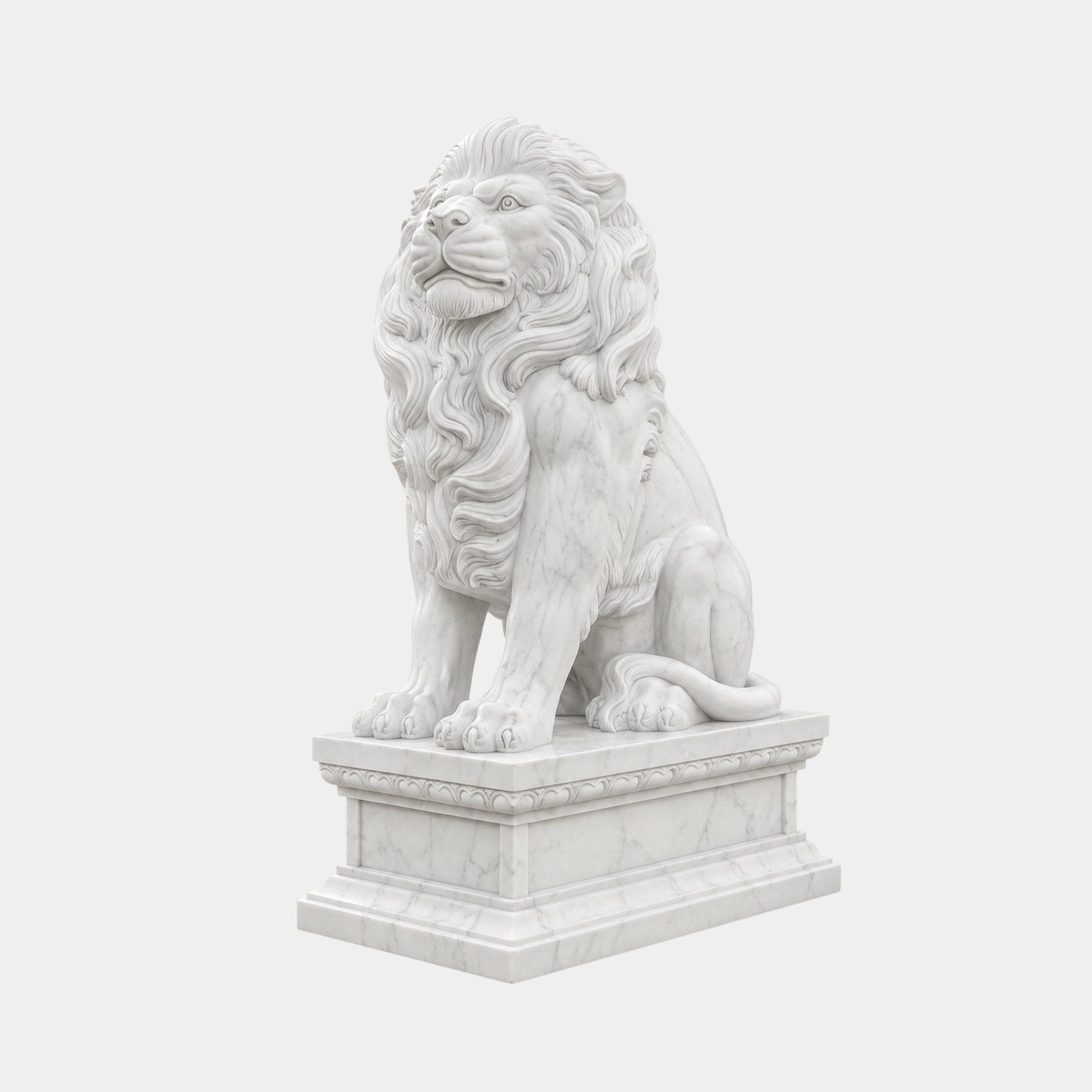 Bright white marble lion seated on a leaf-moulded pedestal