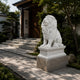 White marble lion seated on its leaf-moulded pedestal